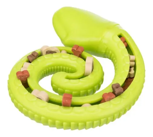 "SNACK-SNAKE". Fabricado en TPR, 18 cm. Serpiente con ranura para snacks o paté.